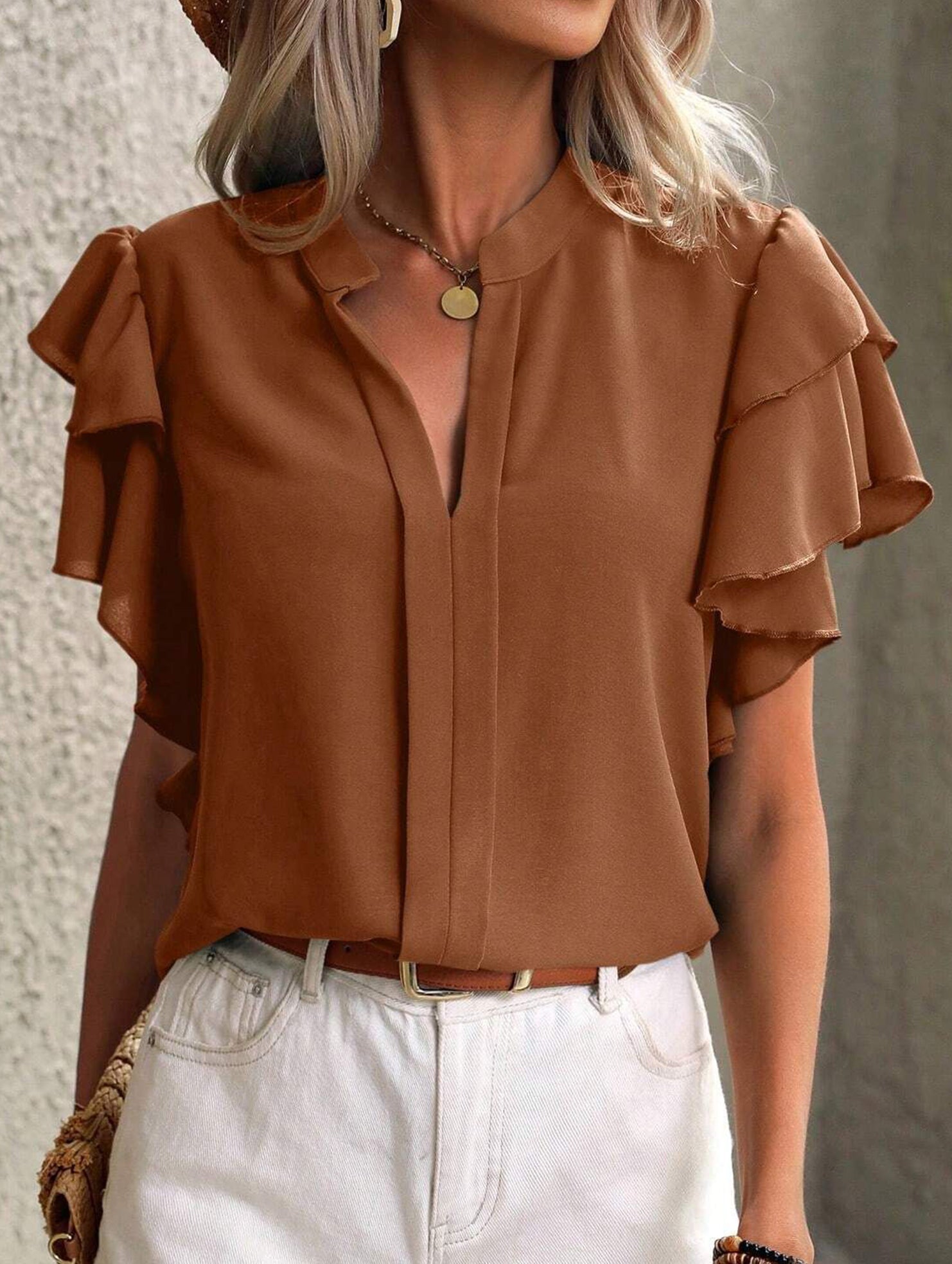 V Neck Double Ruffle Sleeve Blouse