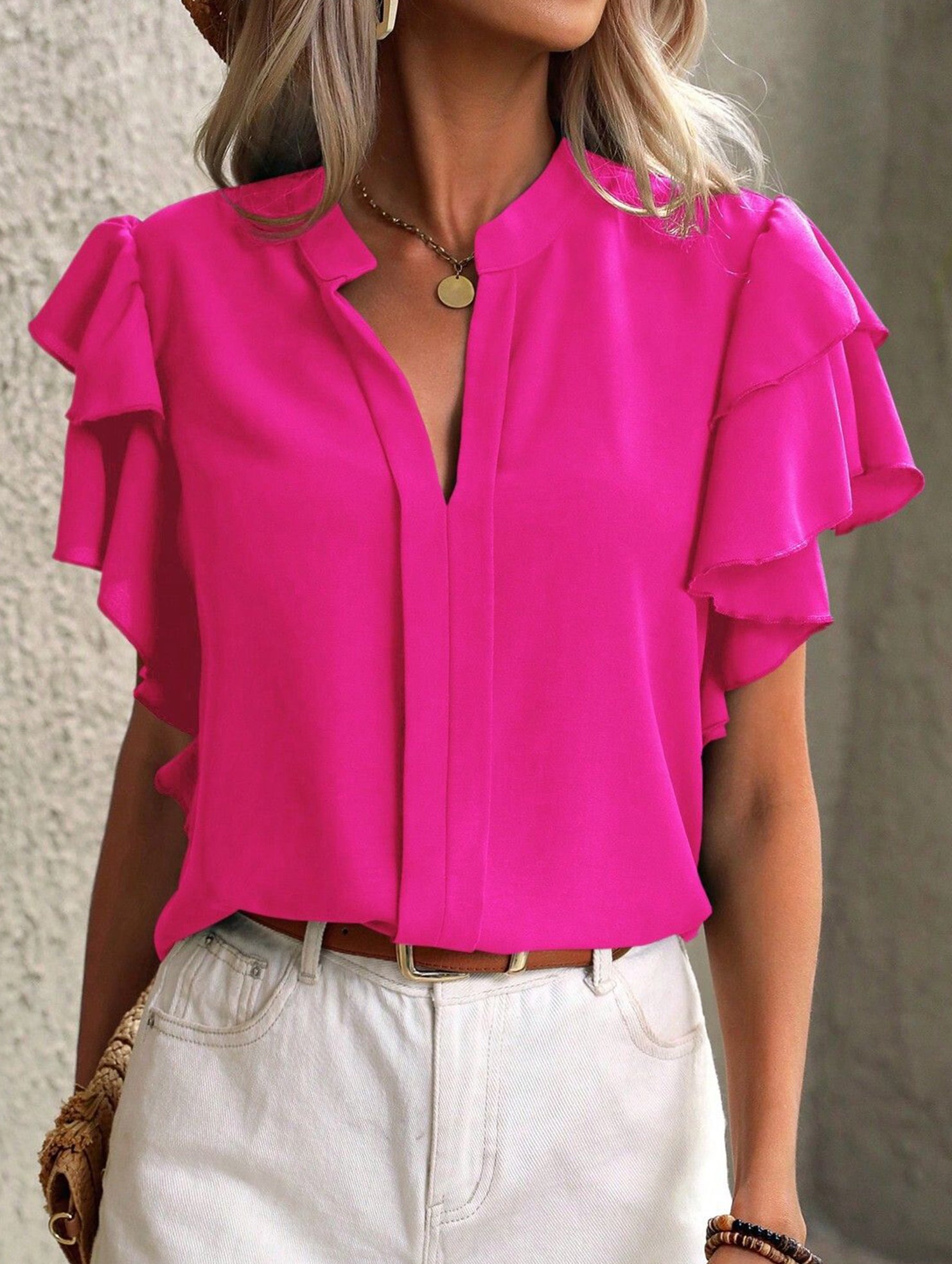 V Neck Double Ruffle Sleeve Blouse