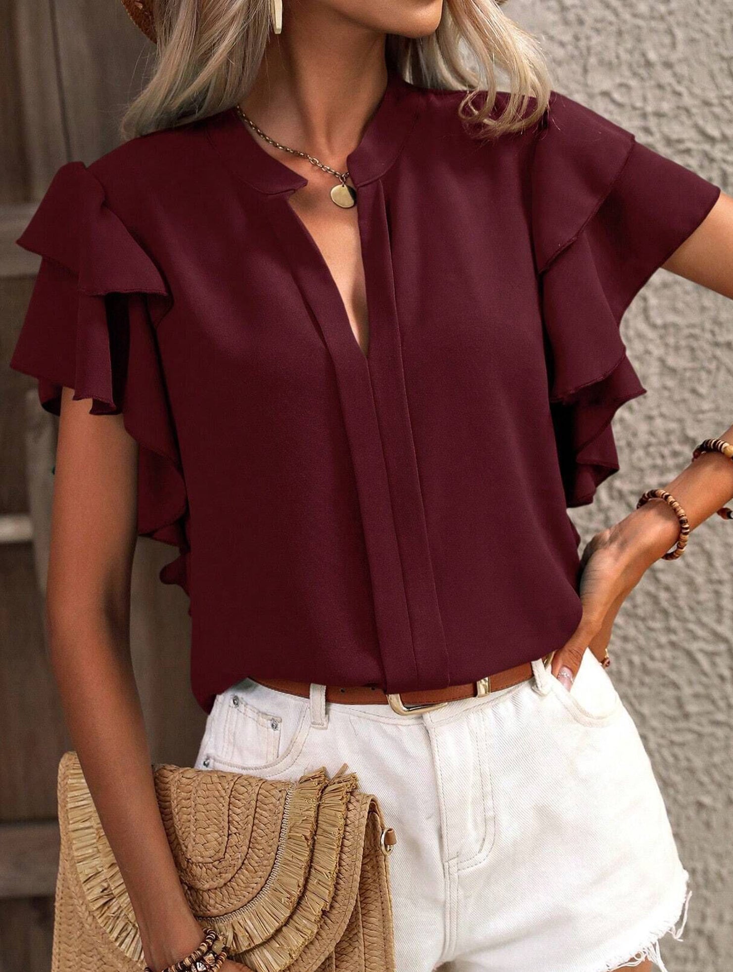 V Neck Double Ruffle Sleeve Blouse