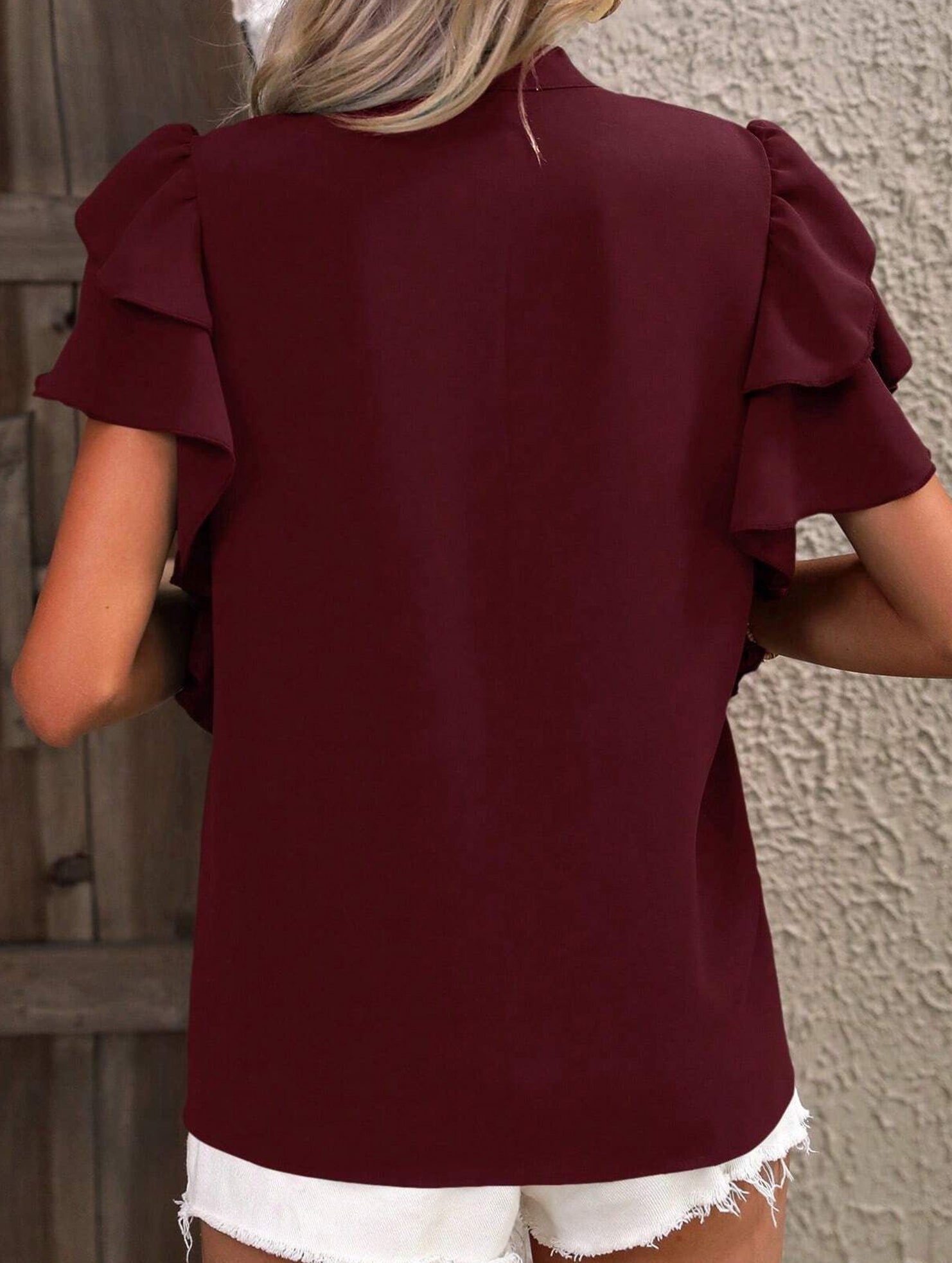 V Neck Double Ruffle Sleeve Blouse