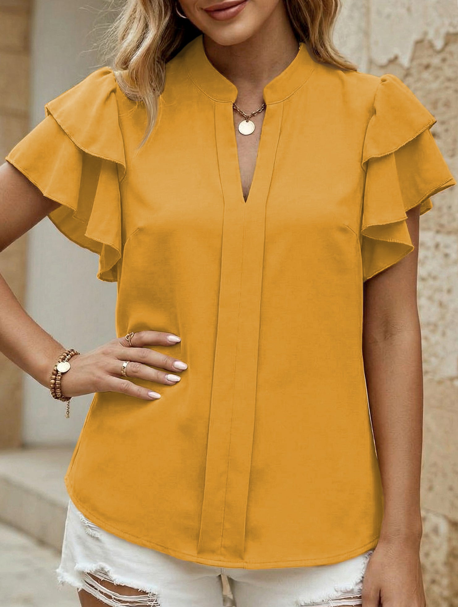 V Neck Double Ruffle Sleeve Blouse