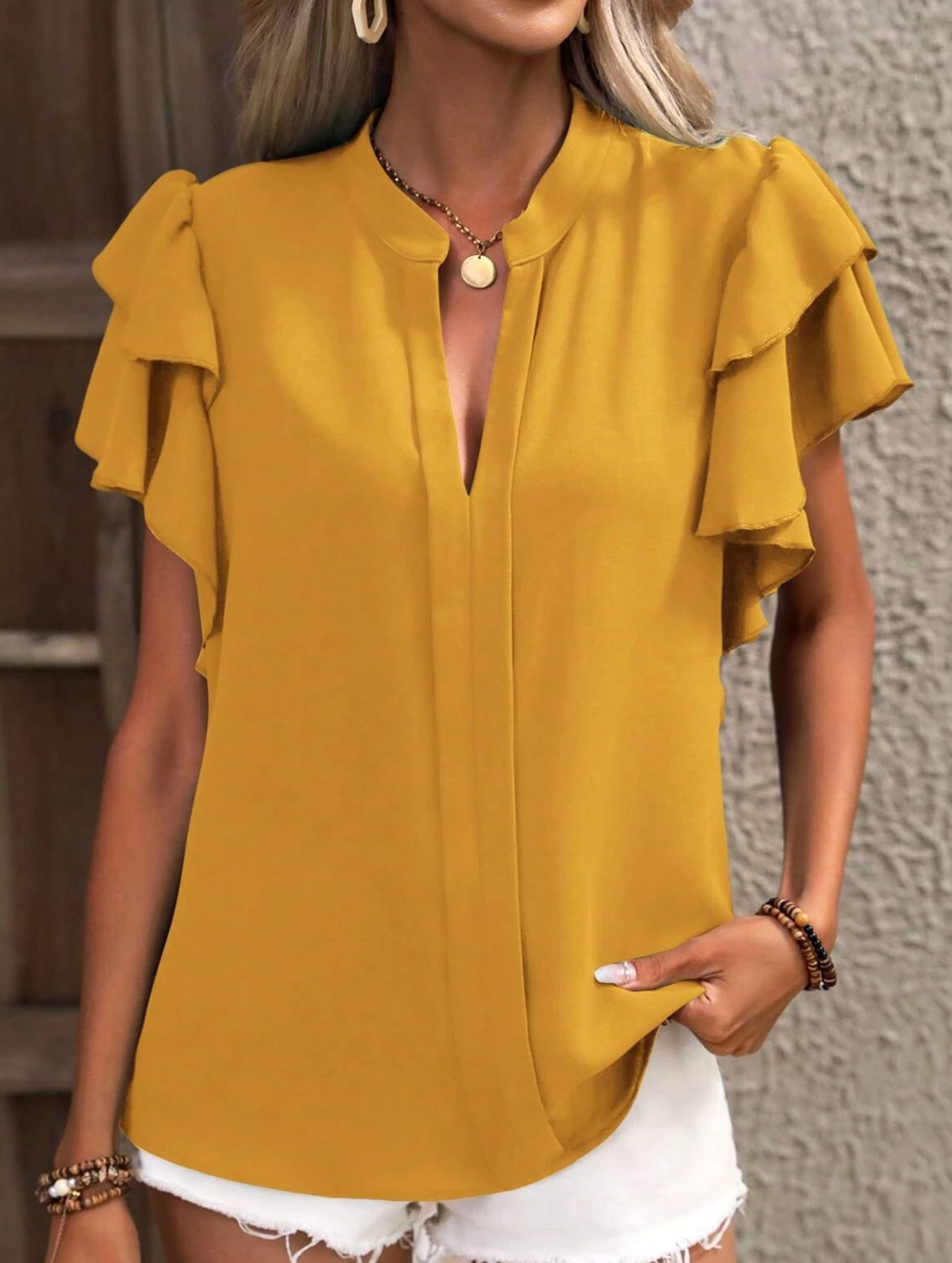 V Neck Double Ruffle Sleeve Blouse