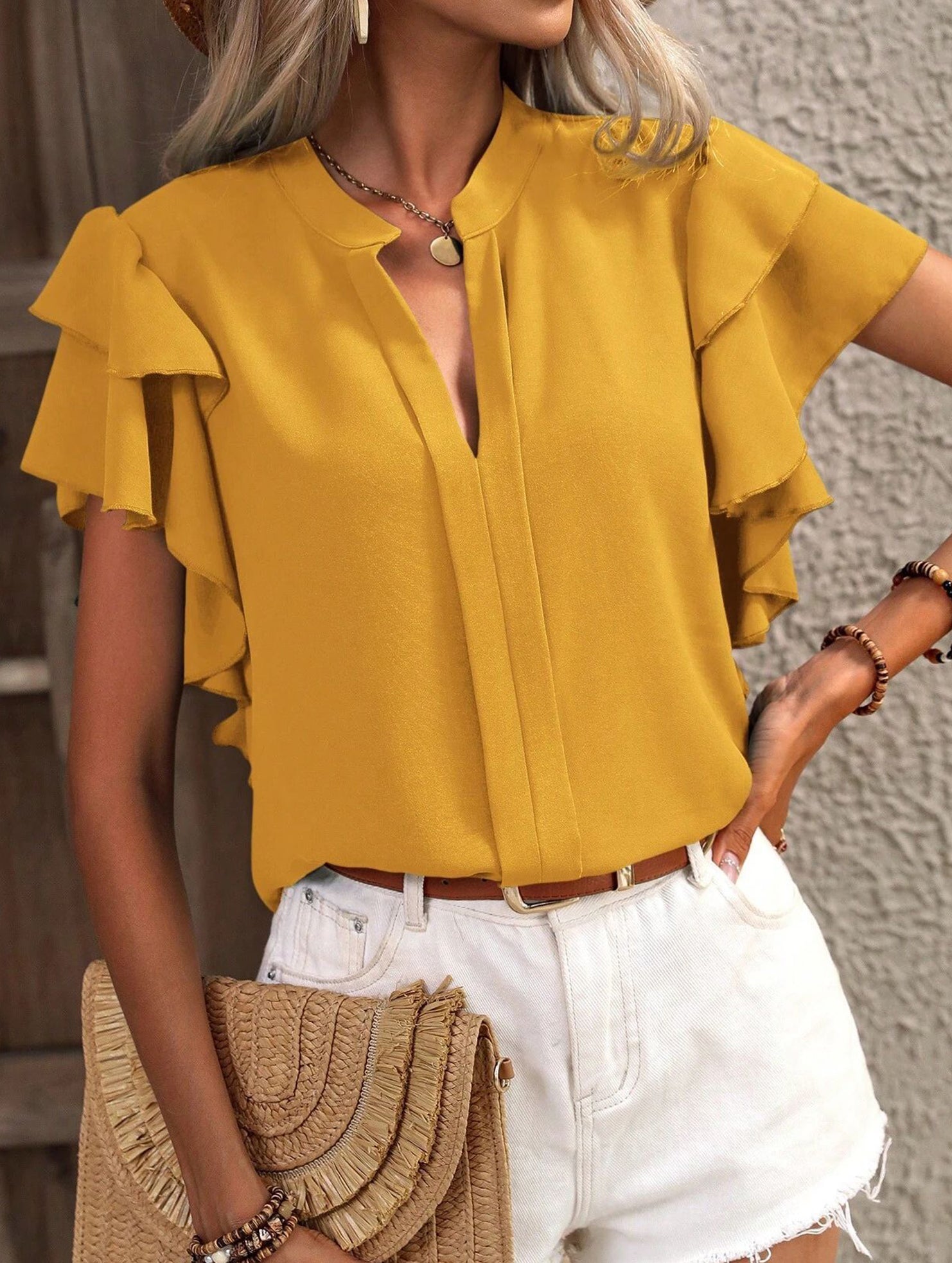 V Neck Double Ruffle Sleeve Blouse