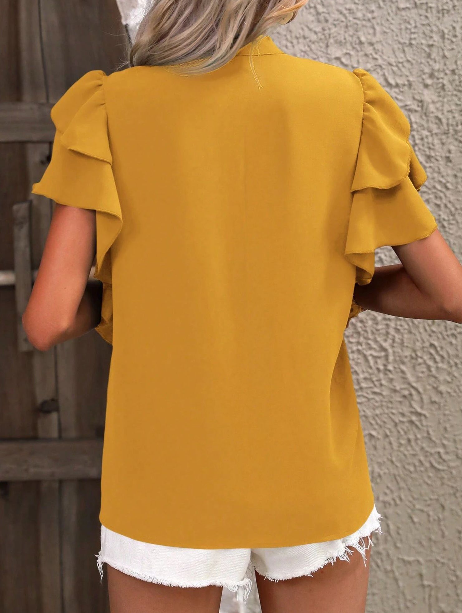 V Neck Double Ruffle Sleeve Blouse