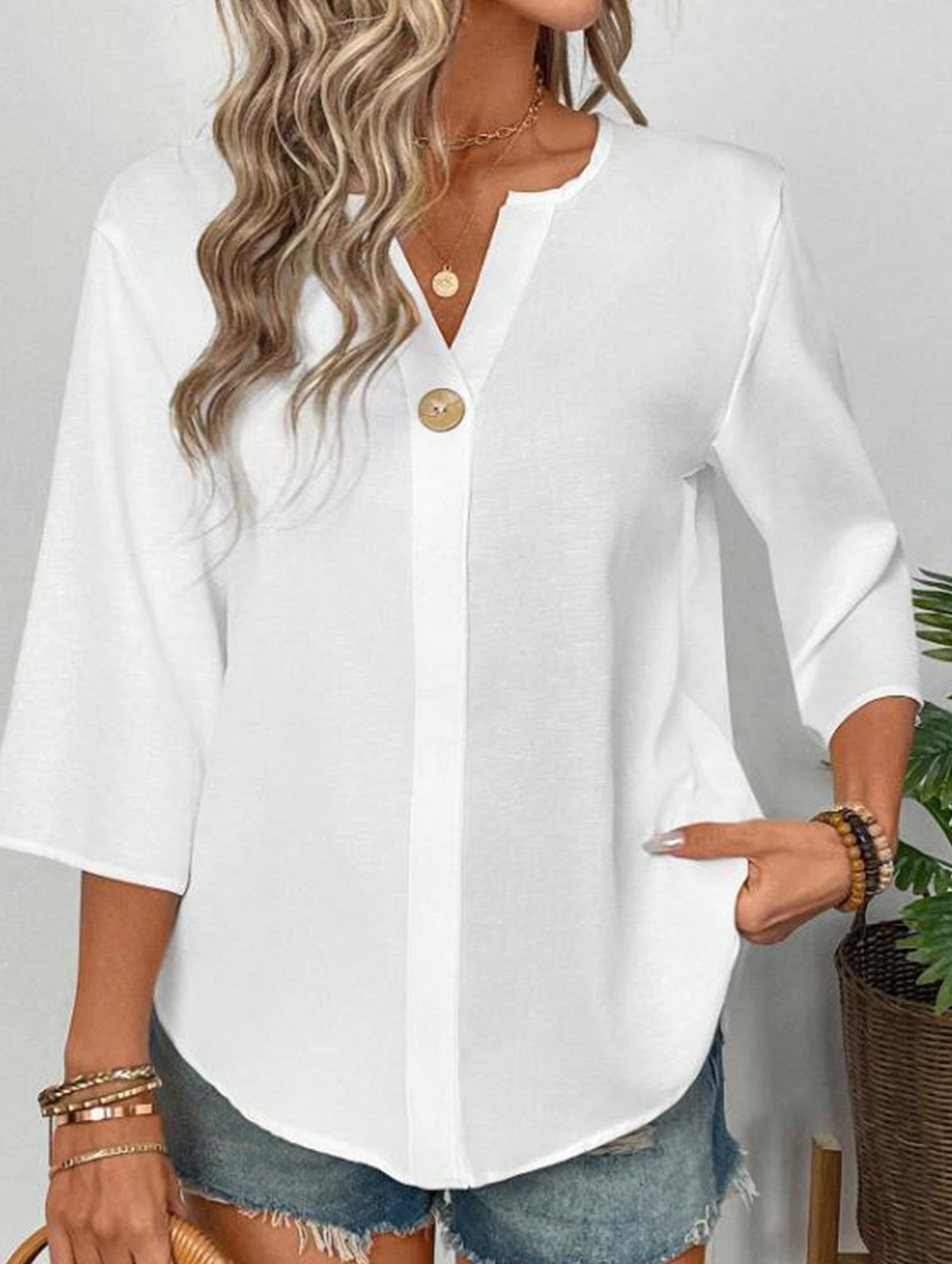 Linen V Neck Button Shirt