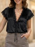 V Neck Lace Patch Short Sleeve Tee_CWTSTS00908