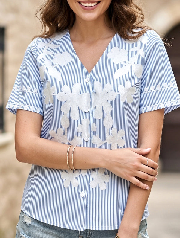 Stripe Floral V Neck Shirt_CWTSTS00911