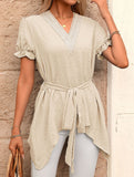 Jacquard V Neck Chiffon Top_CWTSTS00926