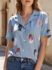 Suit Collar Feather Detail Shirt ??Short Sleeve Loose Fit, S?“XL
