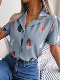 Suit Collar Feather Detail Shirt ??Short Sleeve Loose Fit, S?“XL