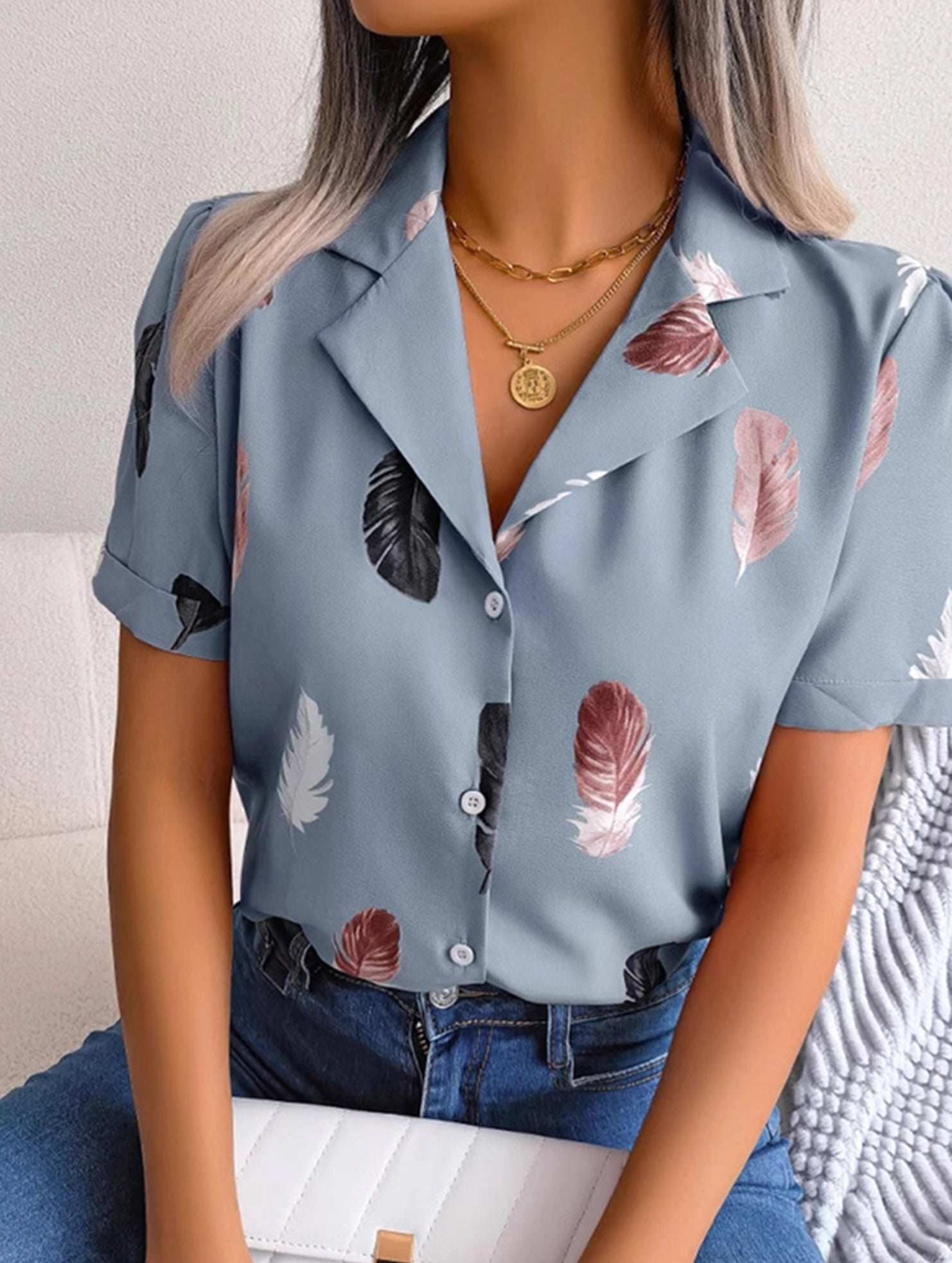 Suit Collar Feather Detail Shirt ??Short Sleeve Loose Fit, S?“XL