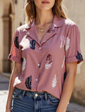 Suit Collar Feather Detail Shirt ??Short Sleeve Loose Fit, S?“XL