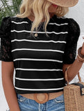 Lace Short Sleeve Striped Slim Fit Top ??S to XL