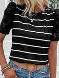 Lace Short Sleeve Striped Slim Fit Top ??S to XL