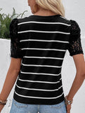 Lace Short Sleeve Striped Slim Fit Top ??S to XL
