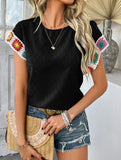 Embroidered Polka Dot Top ??Women's Casual Round Neck Short Sleeve Blouse