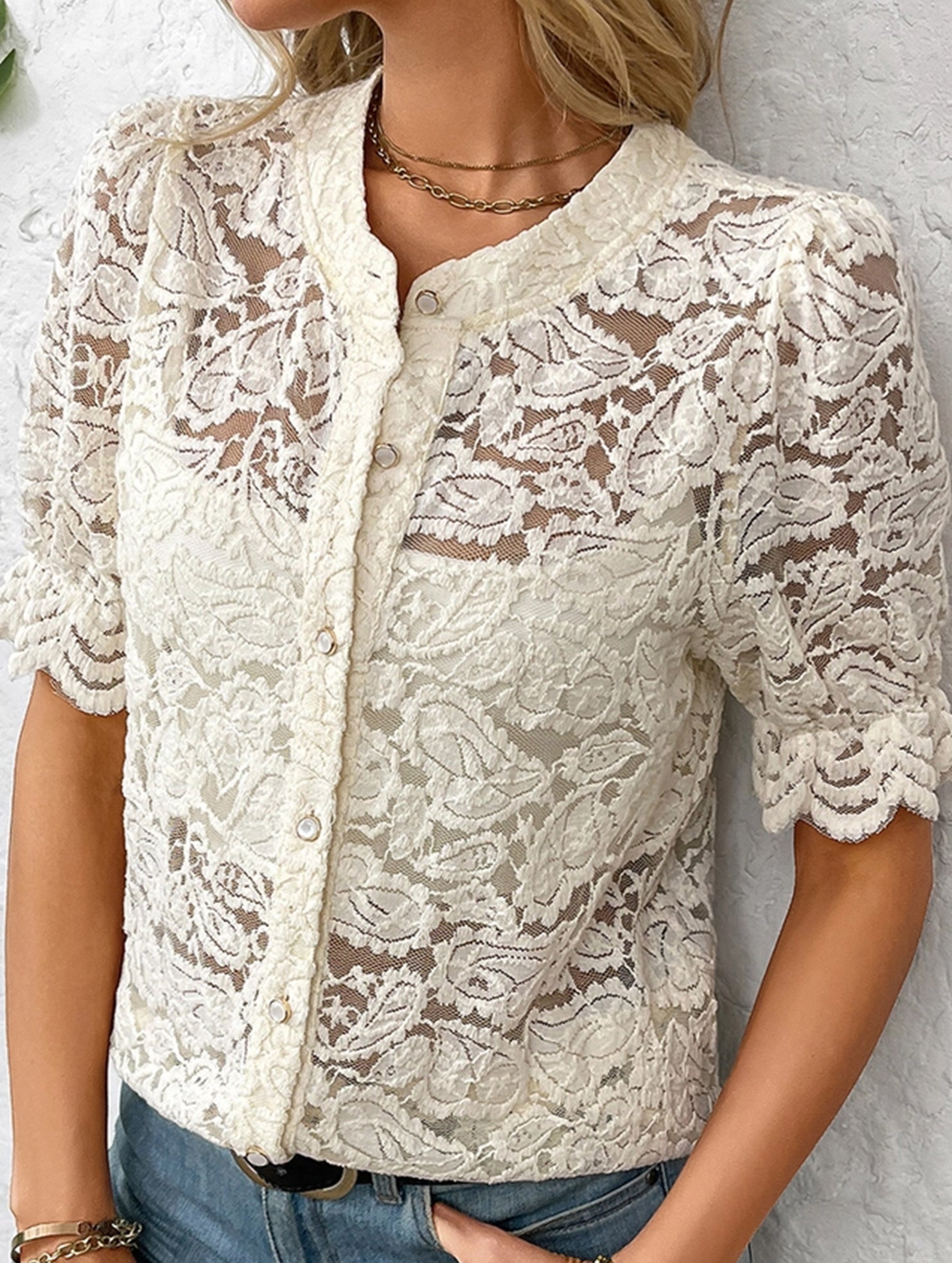 Lace Short Sleeve Button-Up Shirt ??Casual & Lightweight, S?“XL