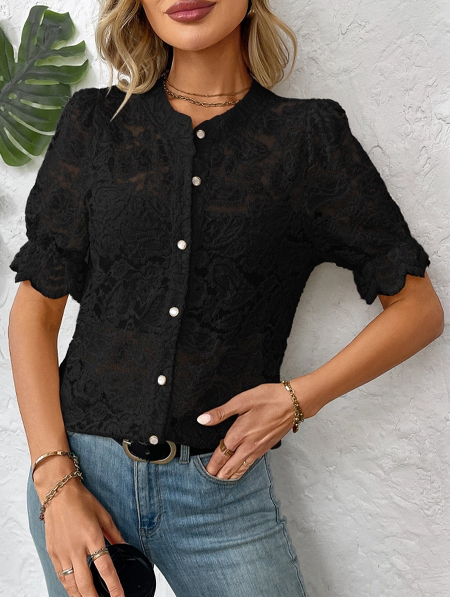 Lace Short Sleeve Button-Up Shirt ??Casual & Lightweight, S?“XL