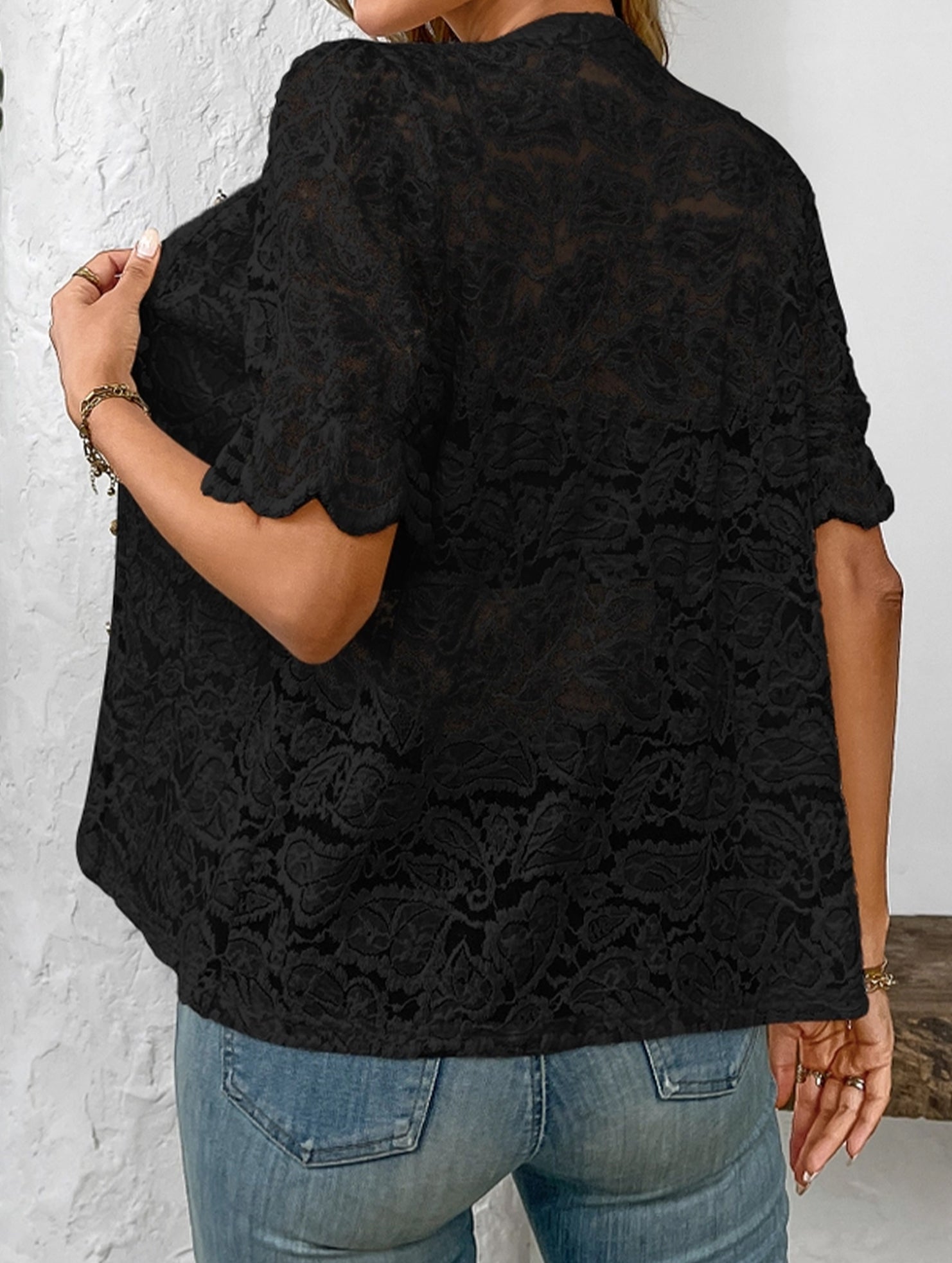 Lace Short Sleeve Button-Up Shirt ??Casual & Lightweight, S?“XL