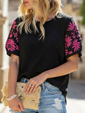 Embroidered Puff Sleeve Pullover Top ??Round Neck, Relaxed Fit, S??XL