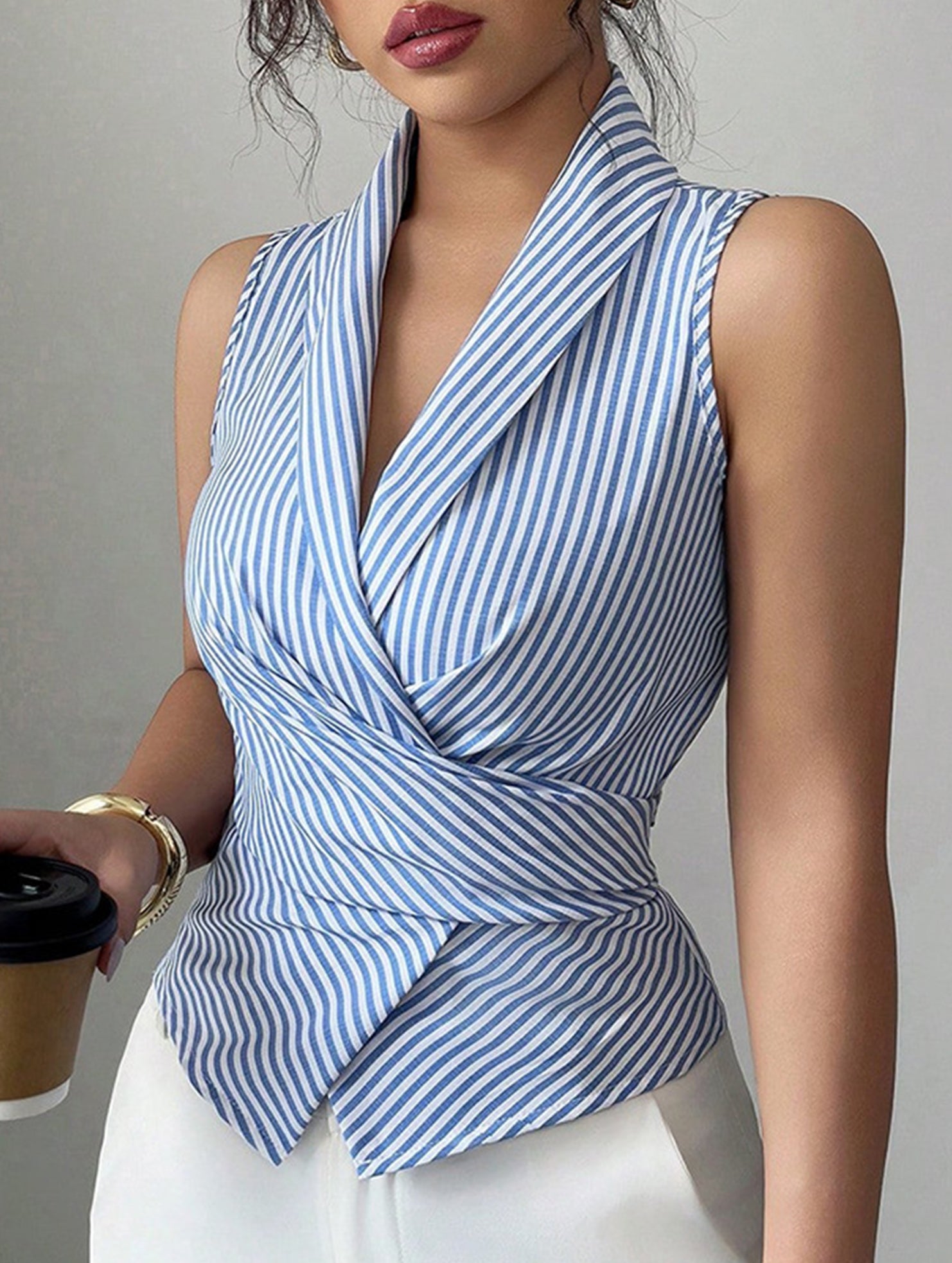 Stripe Sleeveless Tie Waist Shirt Top