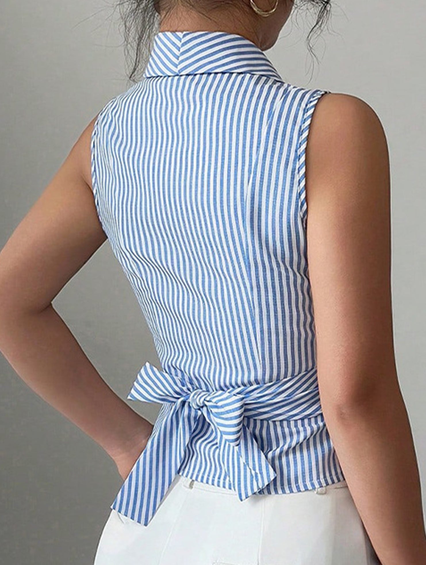 Stripe Sleeveless Tie Waist Shirt Top