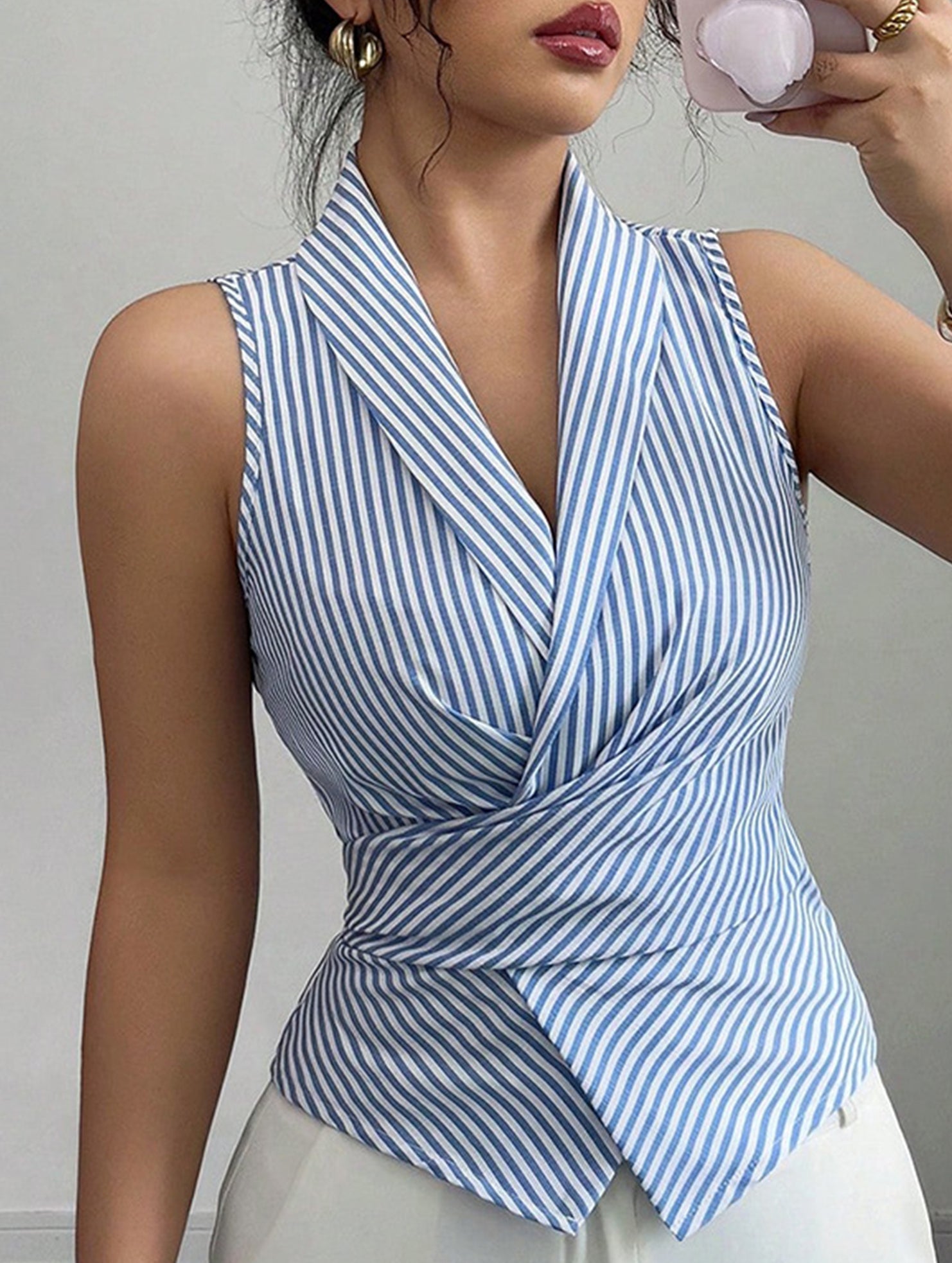Stripe Sleeveless Tie Waist Shirt Top