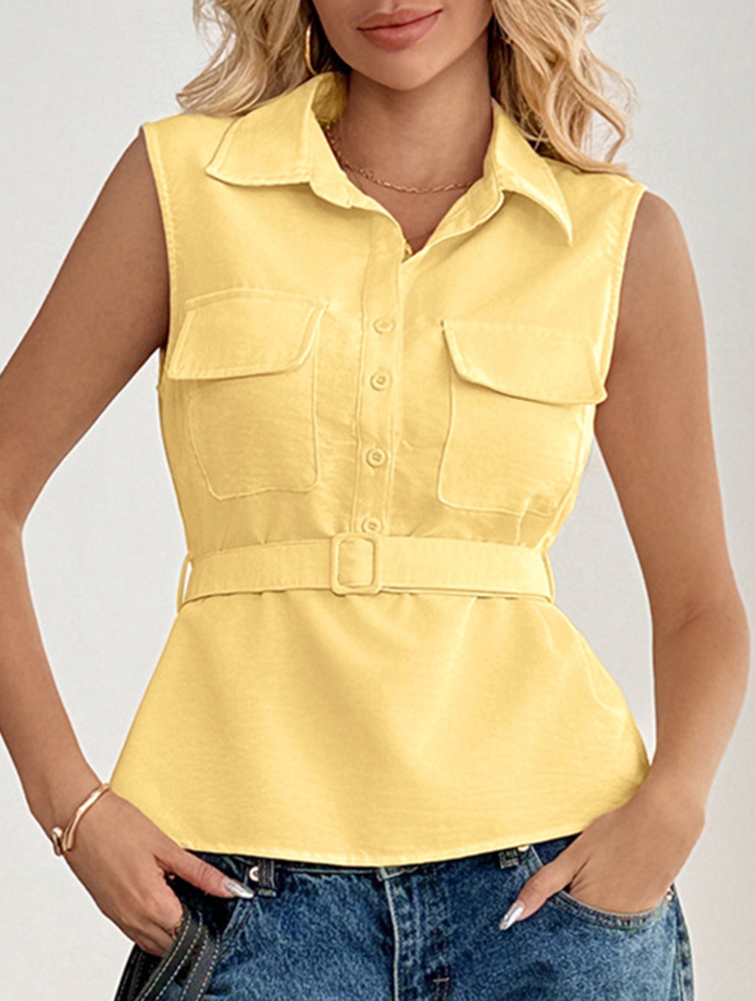 Solid Sleeveless Lapel Vest Shirt