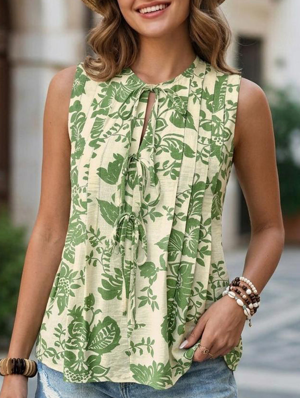 Floral Sleeveless Tie Blouse_CWTSTSL00187