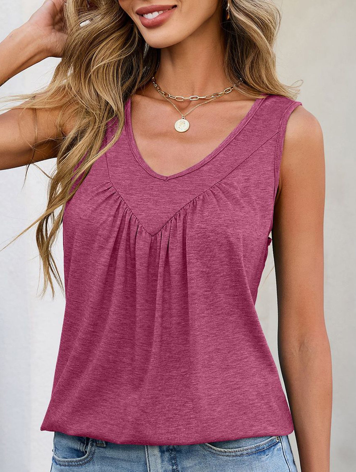 Ruched V Neck Sleeveless Tank Top