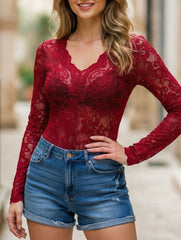 Floral Lace Long Sleeve Slim Fit Base Top_CWTTL01107