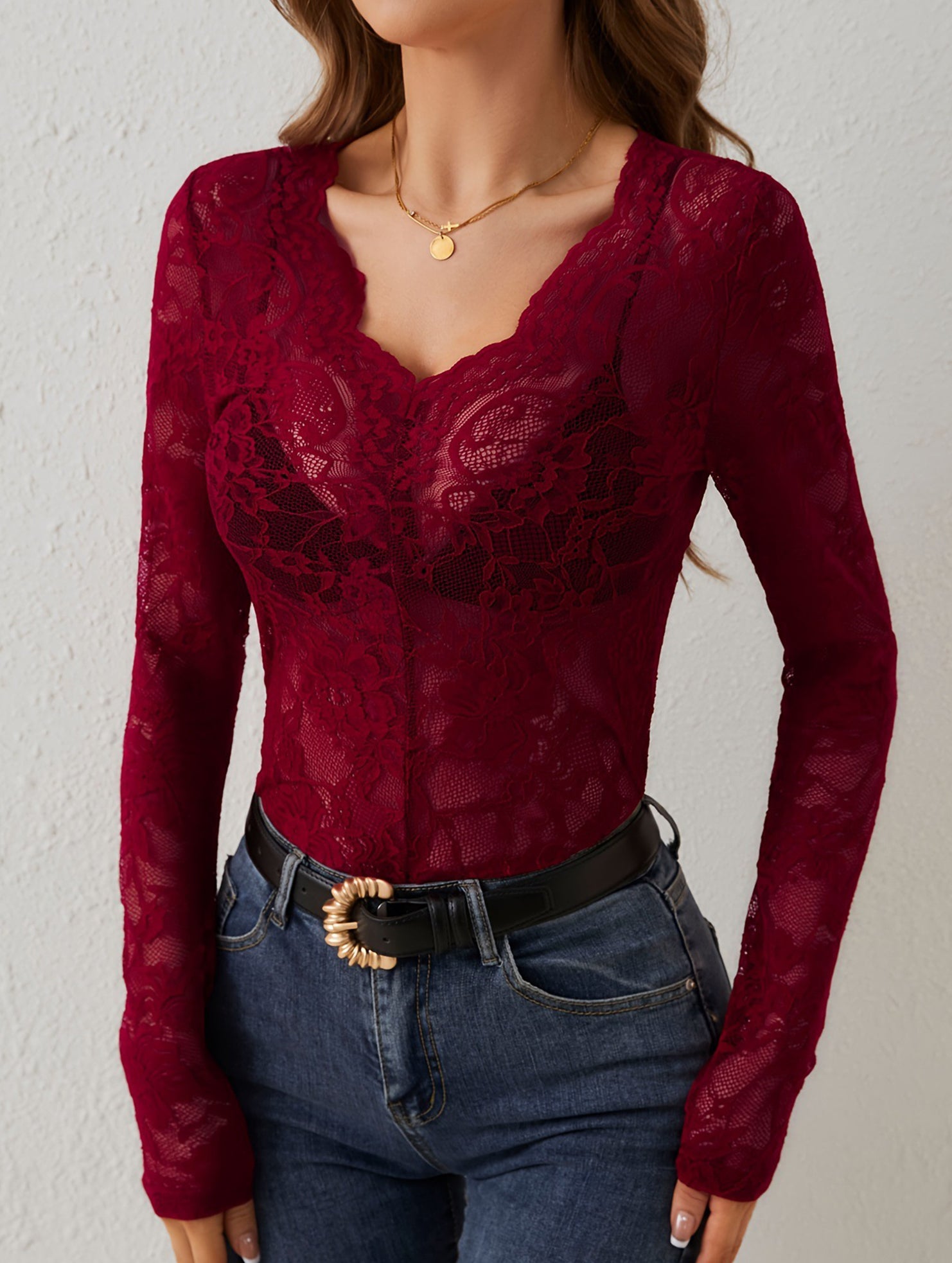 Floral Lace Long Sleeve Slim Fit Base Top_CWTTL01107