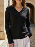 V-Neck Knit Long Sleeve Solid Color Top_CWTTL01110