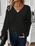 V-Neck Knit Long Sleeve Solid Color Top_CWTTL01110