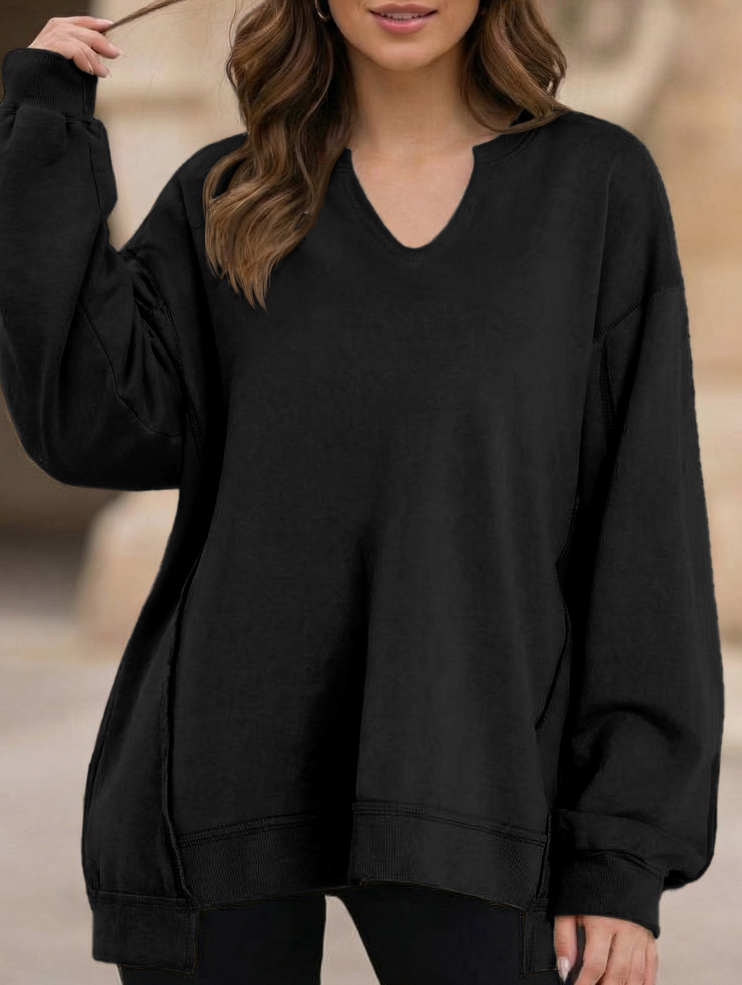 Color Stripe V-Neck Loose Sweatshirt for Women_CWTTL01111