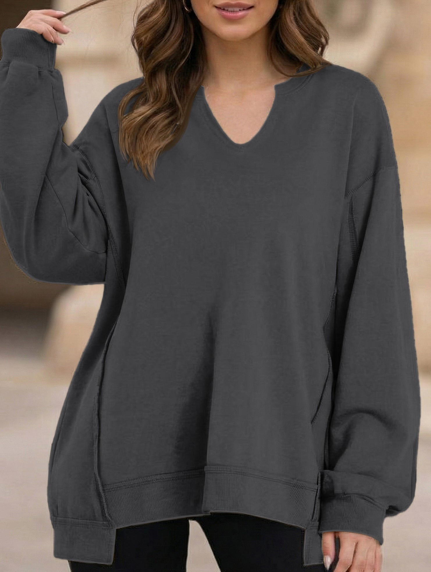 Color Stripe V-Neck Loose Sweatshirt for Women_CWTTL01111