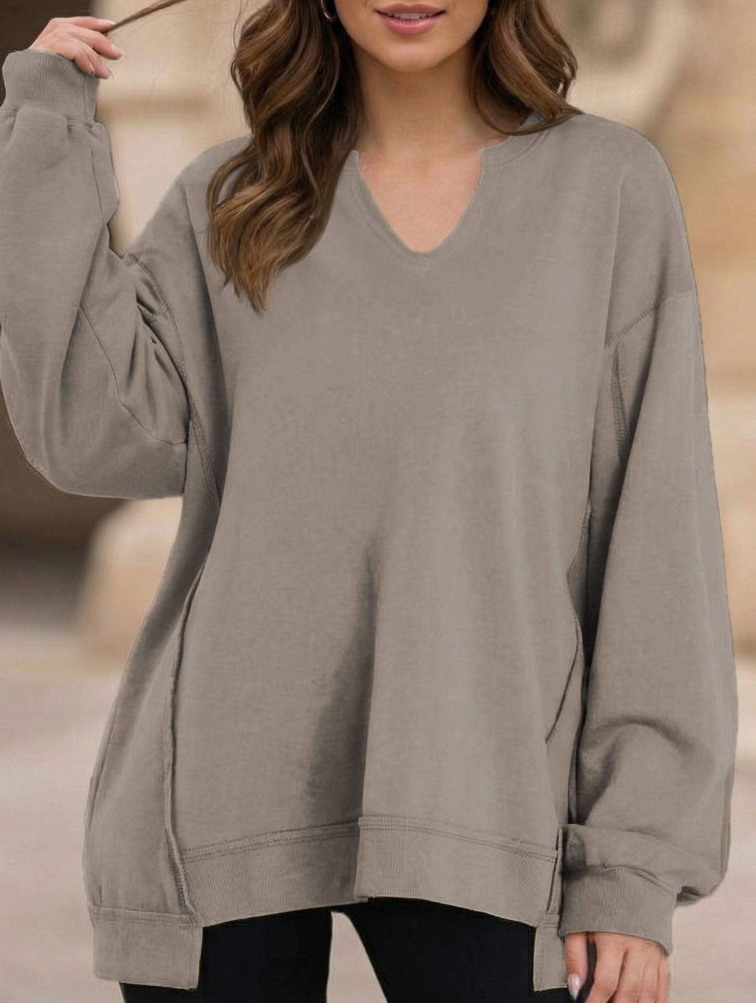 Color Stripe V-Neck Loose Sweatshirt for Women_CWTTL01111