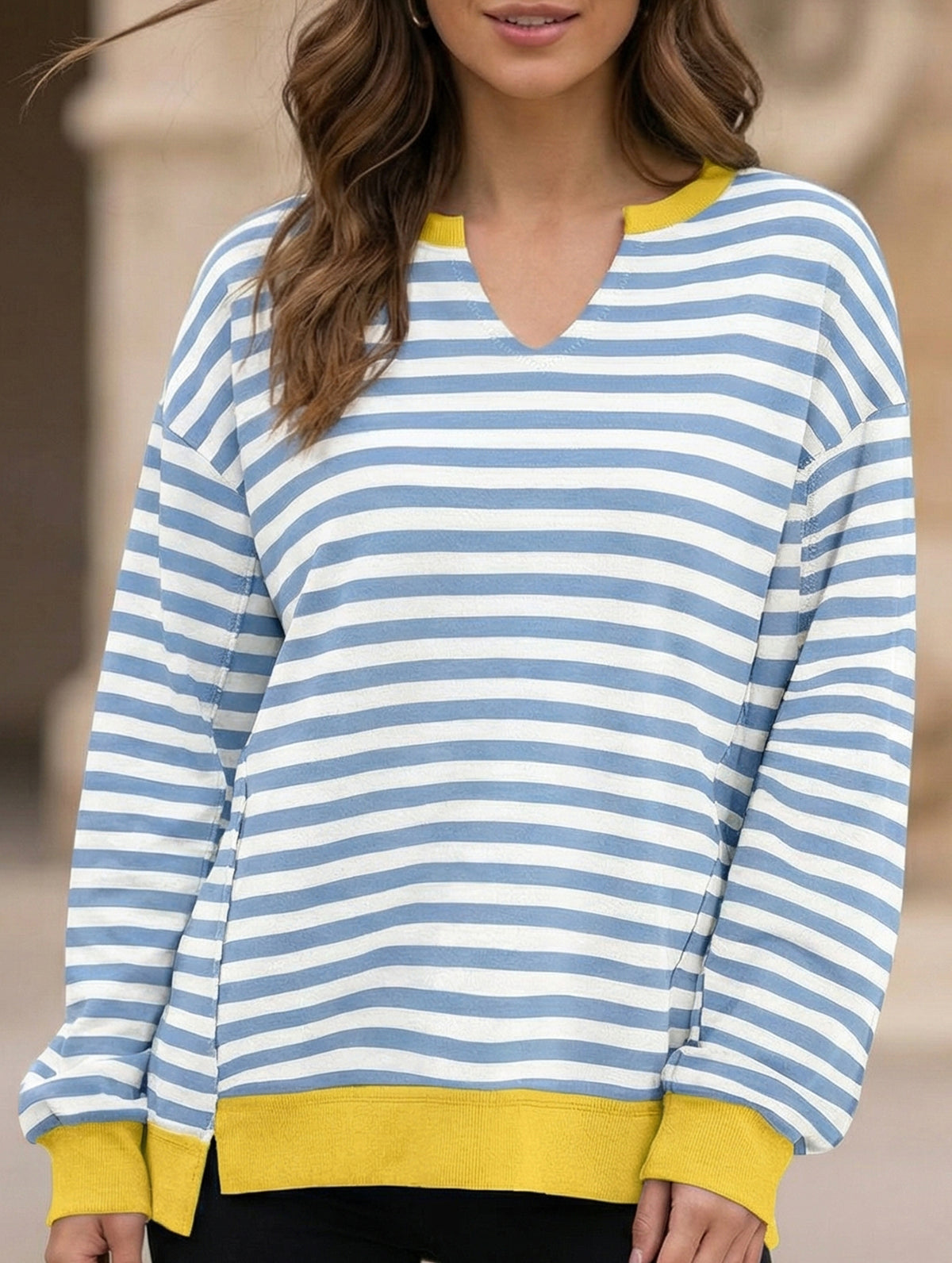 Color Stripe V-Neck Loose Sweatshirt for Women_CWTTL01111
