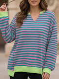 Color Stripe V-Neck Loose Sweatshirt for Women_CWTTL01111
