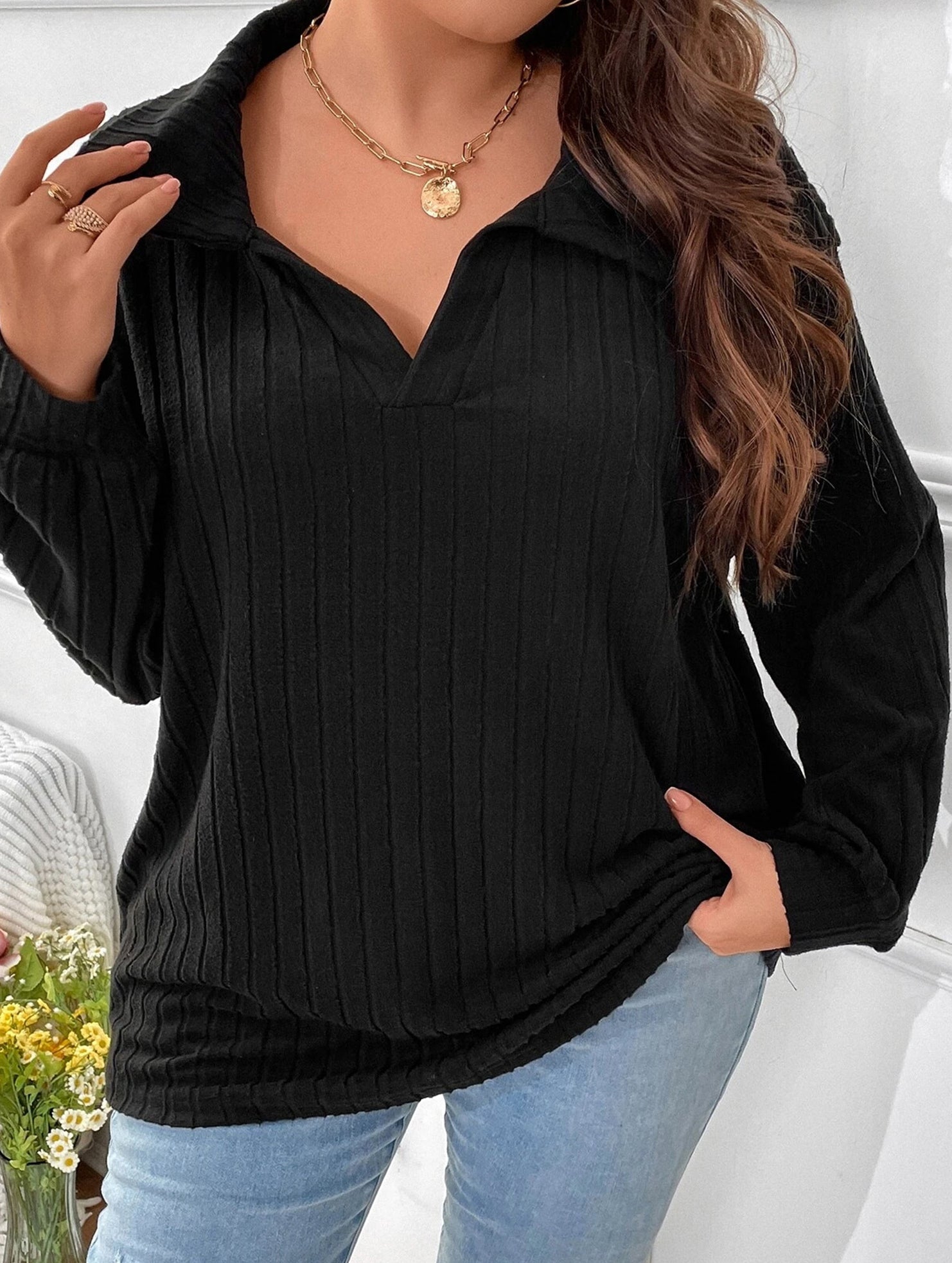 Plus Size Ribbed V-Neck Long Sleeve T-Shirt_CWTTL01112