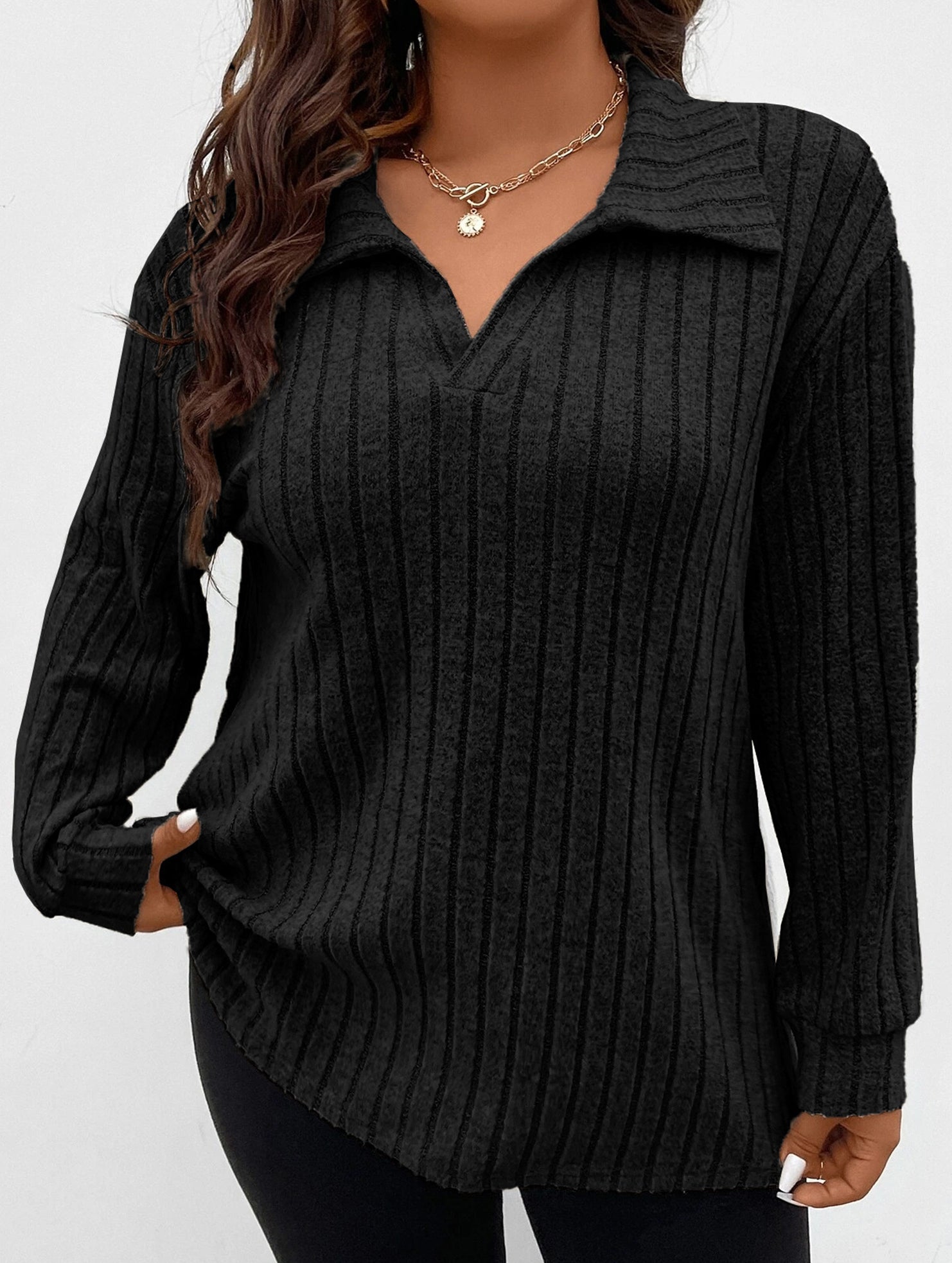 Plus Size Ribbed V-Neck Long Sleeve T-Shirt_CWTTL01112