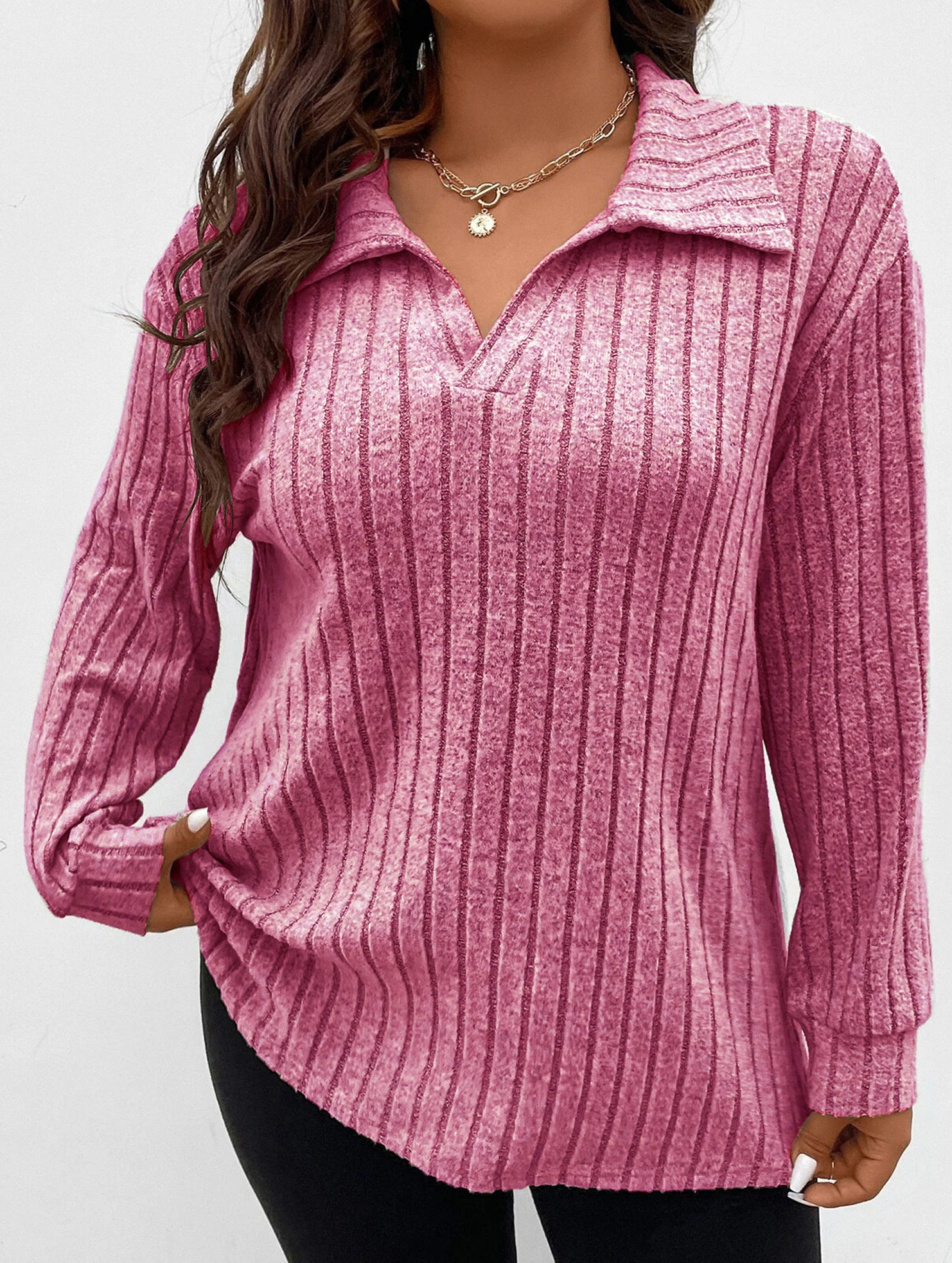Plus Size Ribbed V-Neck Long Sleeve T-Shirt_CWTTL01112