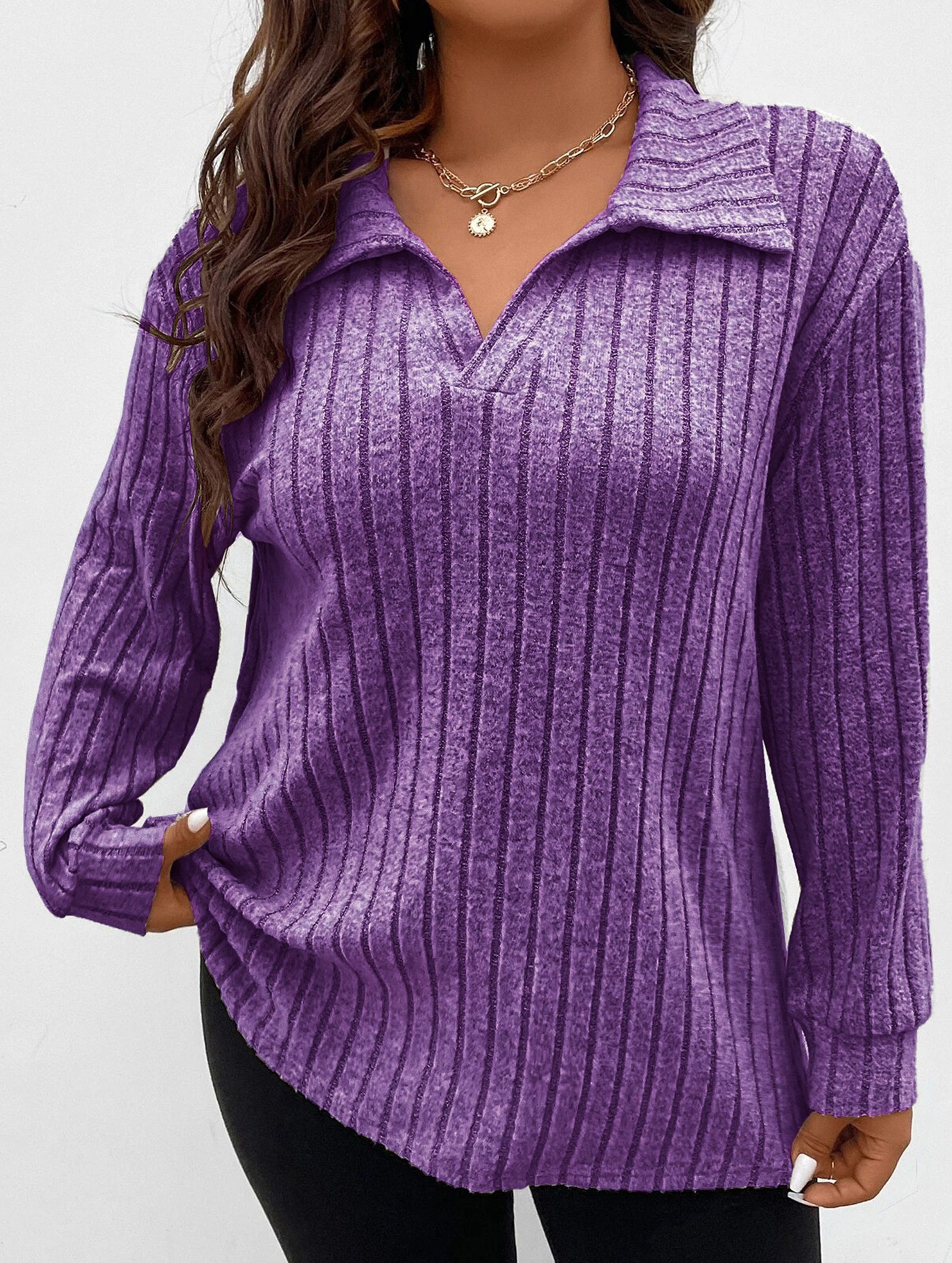 Plus Size Ribbed V-Neck Long Sleeve T-Shirt_CWTTL01112