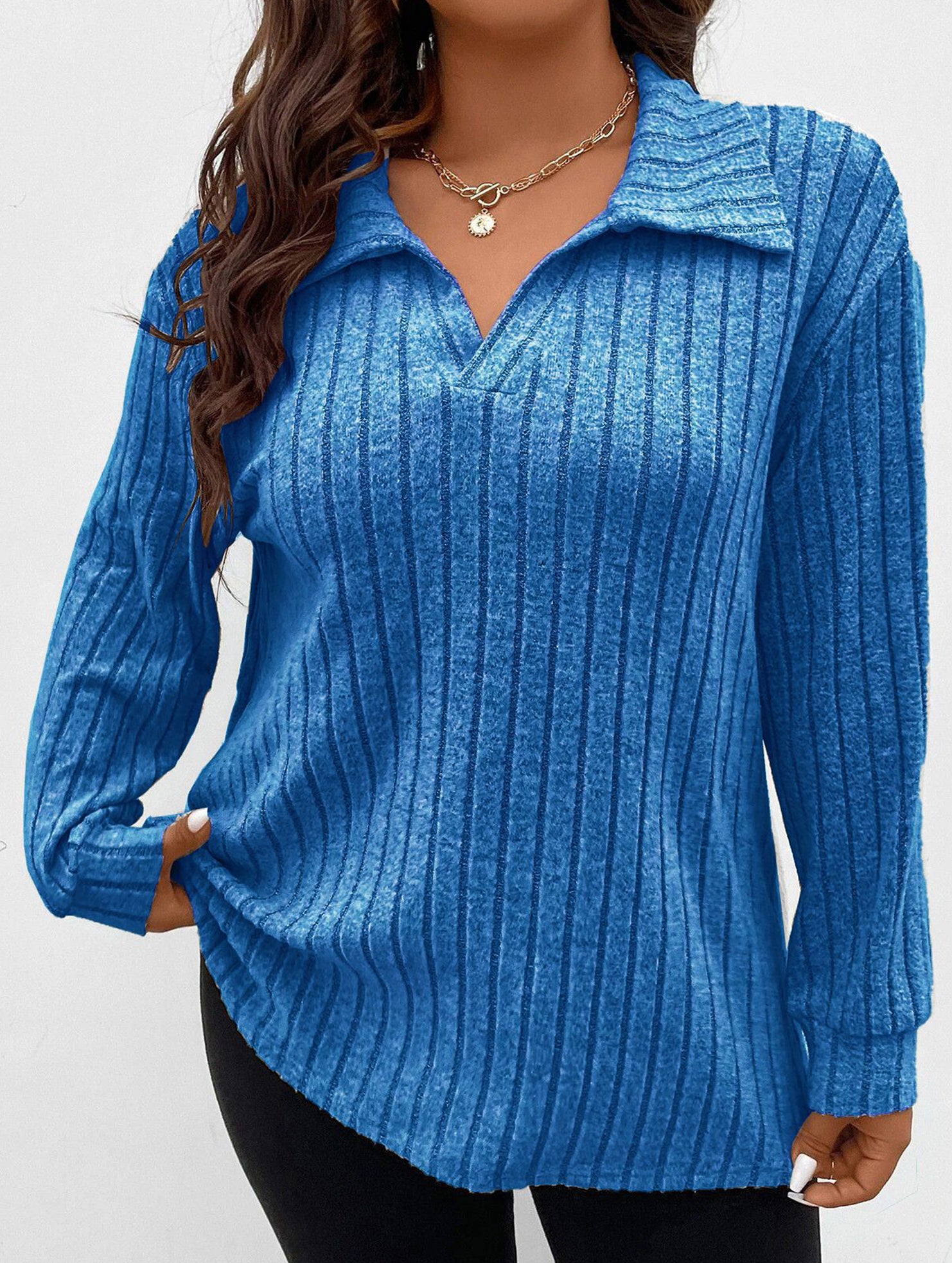 Plus Size Ribbed V-Neck Long Sleeve T-Shirt_CWTTL01112