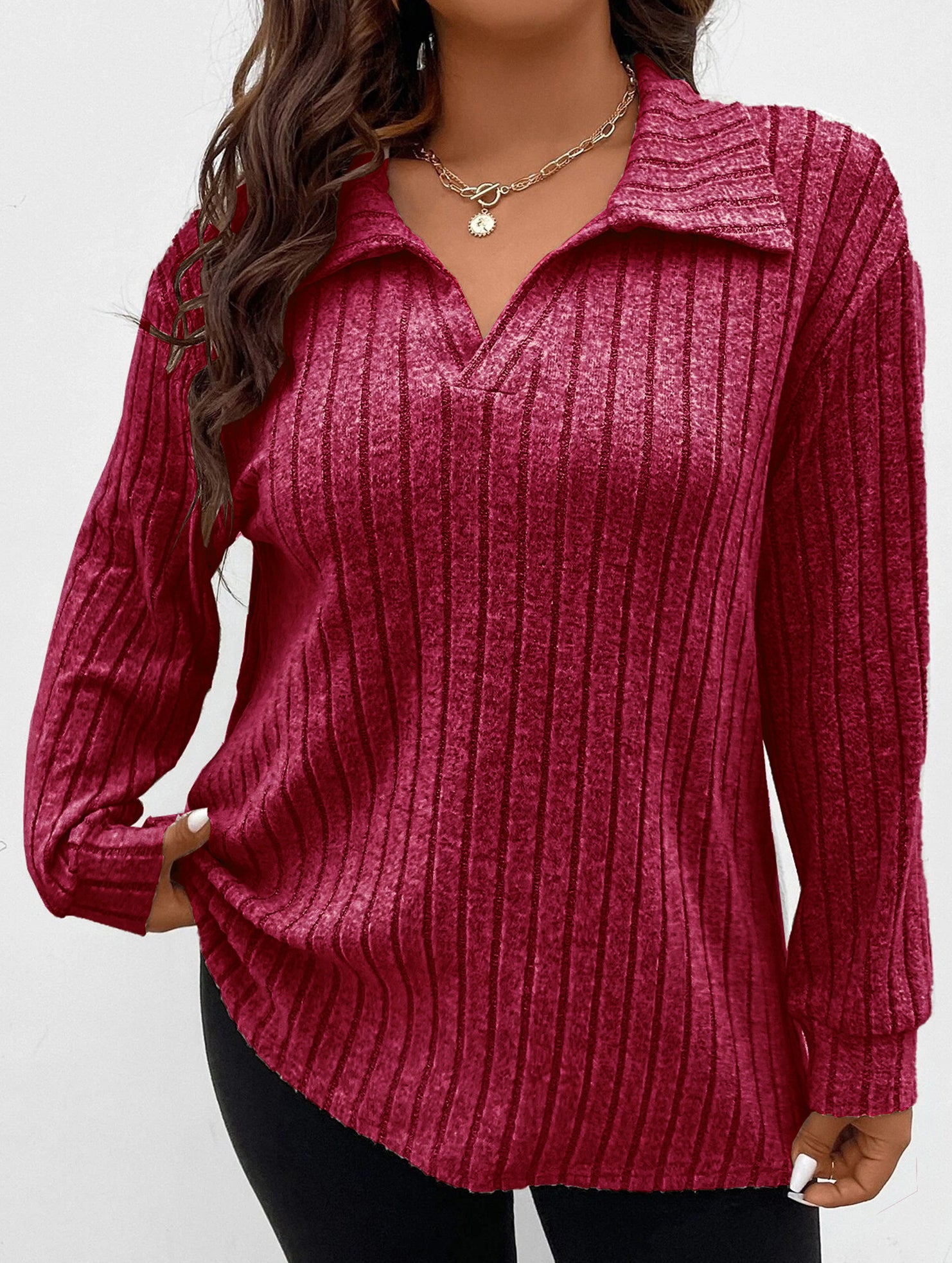 Plus Size Ribbed V-Neck Long Sleeve T-Shirt_CWTTL01112