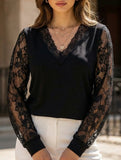 Lace Trim V-Neck Sheer Long Sleeve Top_CWTTL01113