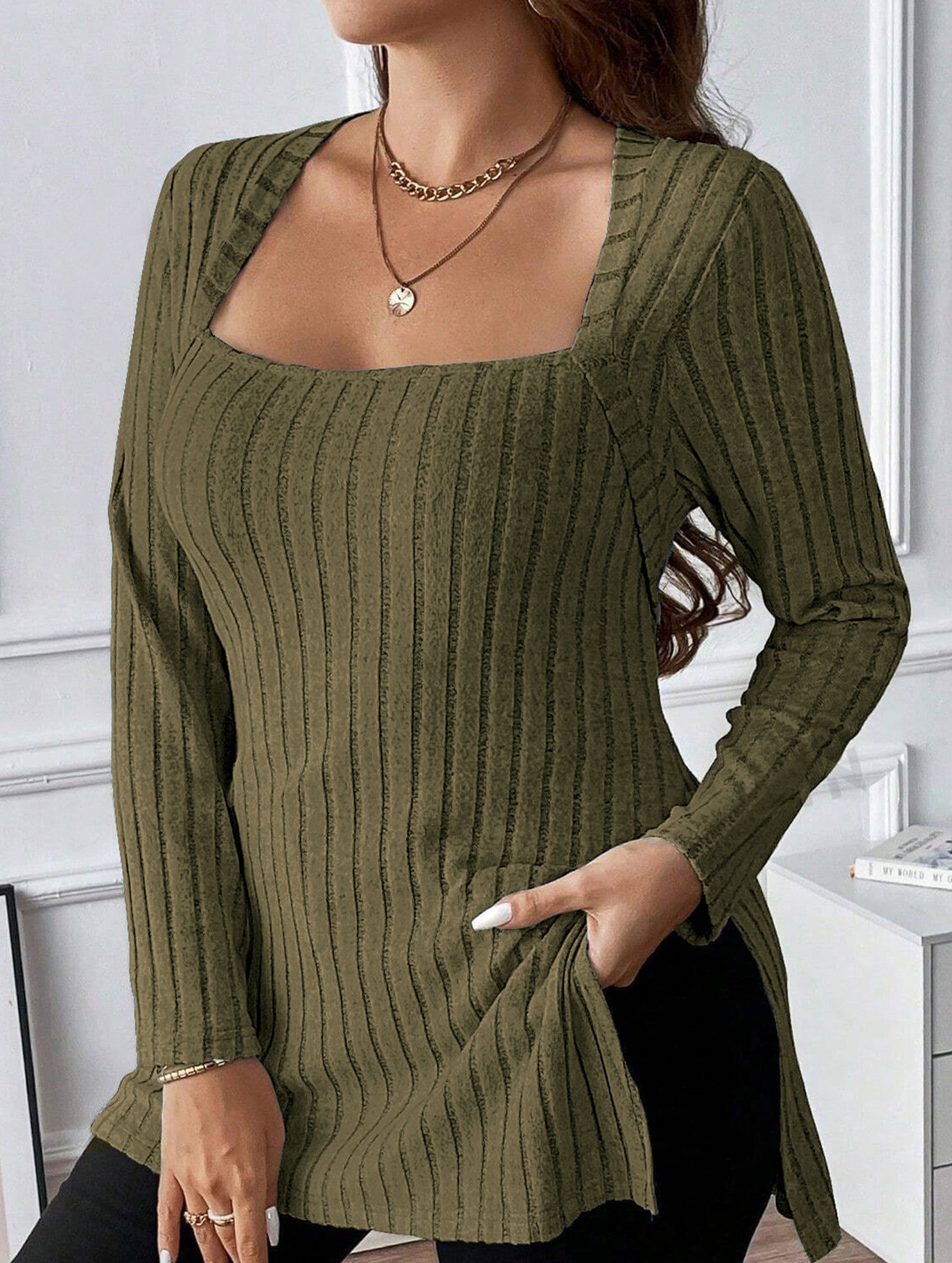 Ribbed Brushed Square Neck Long Sleeve Top_CWTTL01115