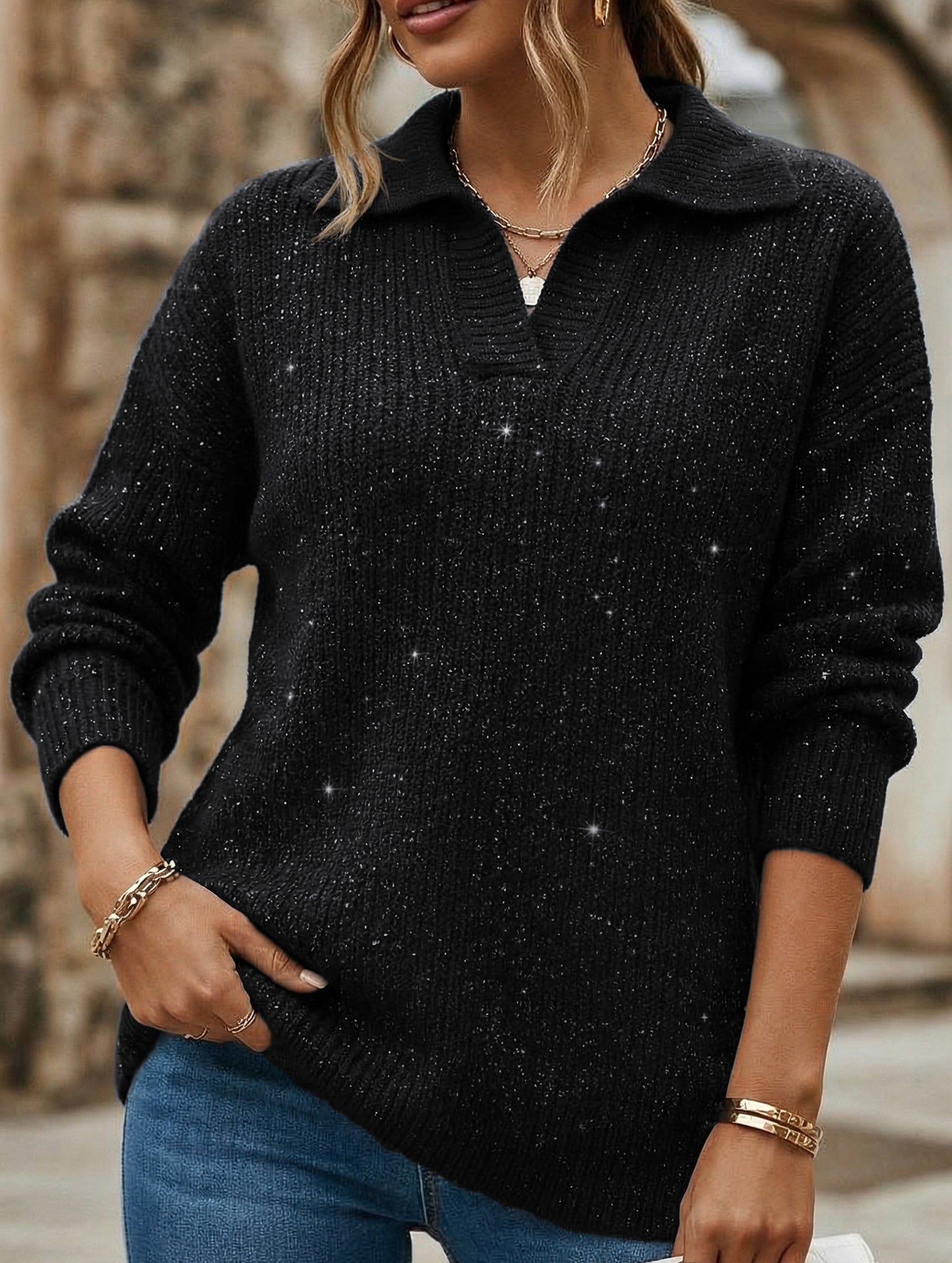 Solid color long-sleeved top with sparkly sweater_CWTTL01118