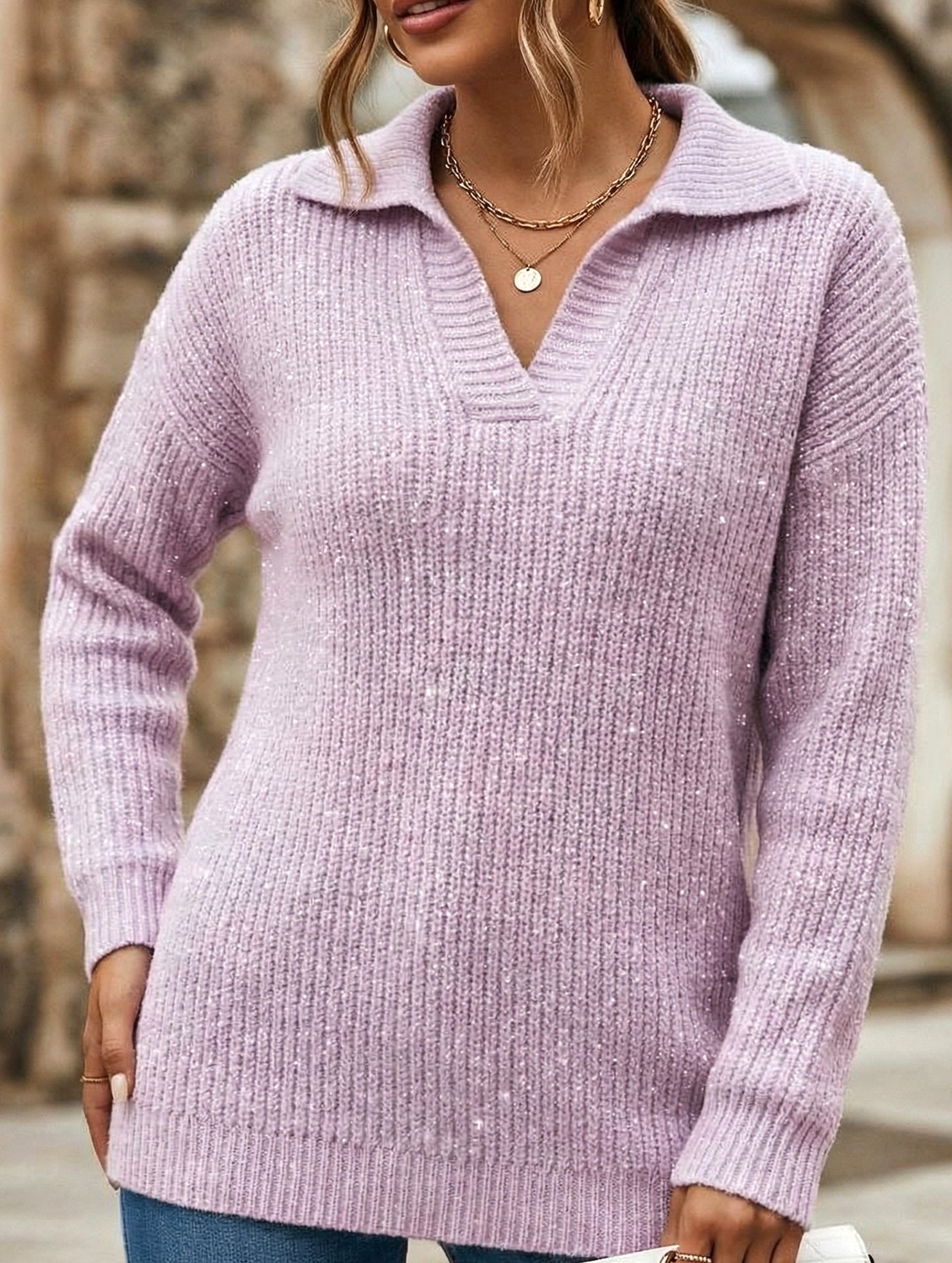 Solid color long-sleeved top with sparkly sweater_CWTTL01118