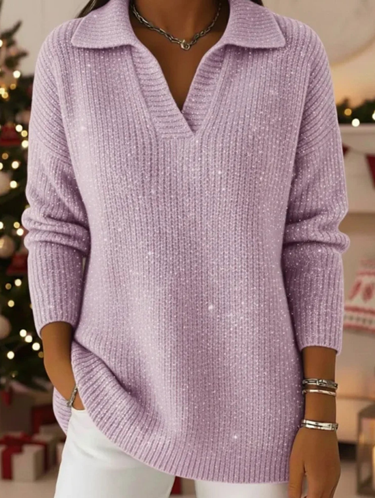 Solid color long-sleeved top with sparkly sweater_CWTTL01118